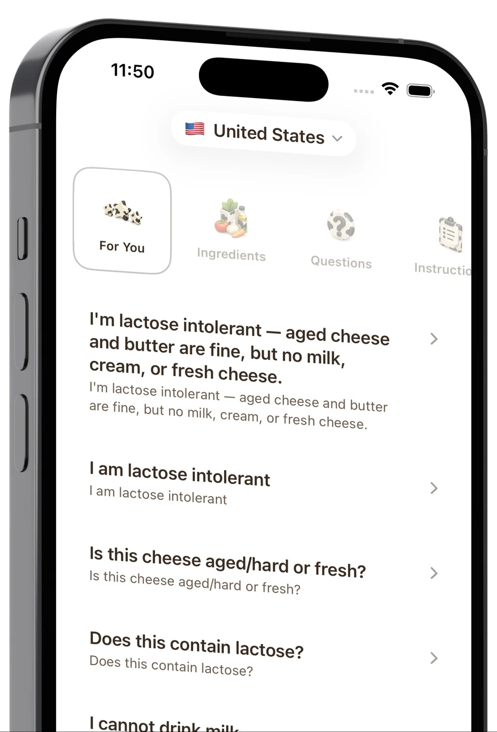 Lactoo on iPhone, showing the For You phrase list for the United States
